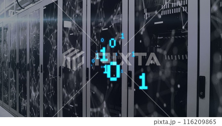 Image of binary coding over network of connections and digital icons against server room 116209865