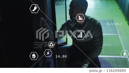 Image of digital icons, data processing on african american male engineer working at server room Image of digital icons, data processing on african american male engineer working at server room 116209889