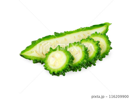 Sliced bitter gourd isolated on white background. 116209900