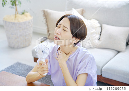 蒸し暑いリビングで携帯扇風機を使う女性 116209986