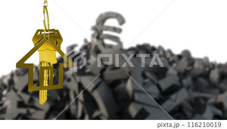 Image of key in house keychain over 3d pilled up euro symbols against white background 116210019