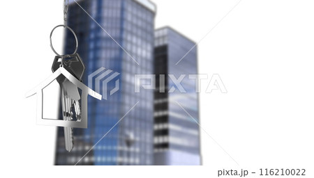 Image of key in house keychain over modern buildings against white background 116210022