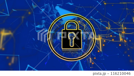Image of padlock, navigation pattern and connected dots forming shape over blue background Image of padlock, navigation pattern and connected dots forming shape over blue background 116210046