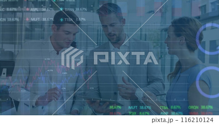 Image of statistical data processing over diverse businesspeople discussing together at office Image of statistical data processing over diverse businesspeople discussing together at office 116210124