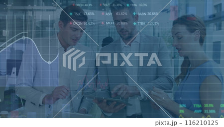 Image of statistical data processing over diverse businesspeople discussing together at office Image of statistical data processing over diverse businesspeople discussing together at office 116210125