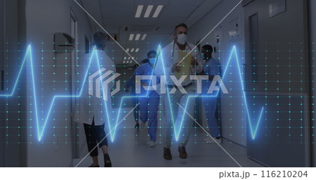 Image of heart rate monitor over diverse doctors and healthworkers running in hospital corridor Image of heart rate monitor over diverse doctors and healthworkers running in hospital corridor 116210204