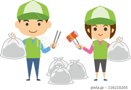 ボランティアでゴミ拾いをする男女のイメージイラスト 116210205