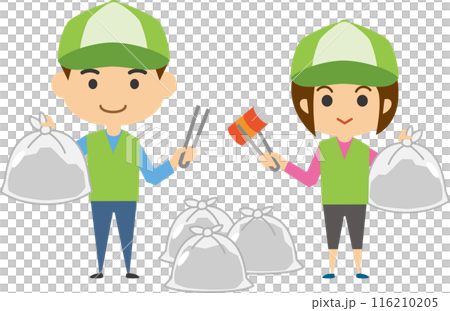 Illustration of a man and woman volunteering to pick up trash 116210205