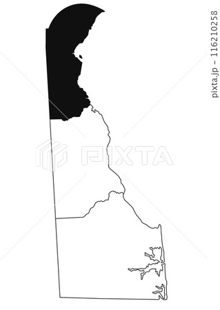 Map of New Castle County in Delaware state on white background. single County map highlighted by black colour on Delaware map. UNITED STATES, US 116210258