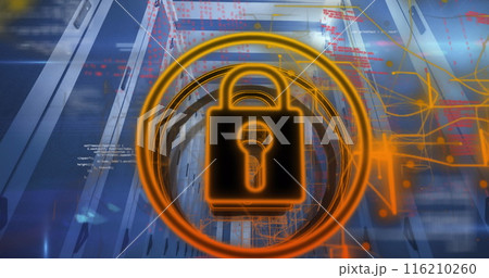 Image of padlock icon and data processing over computer servers 116210260