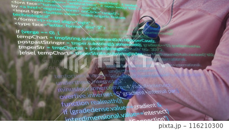 Image of financial data processing over african american woman using smartwatch during exercise 116210300