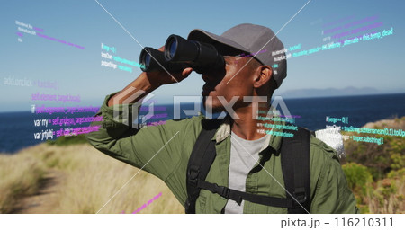 Image of data processing over african american man using binoculars in nature Image of data processing over african american man using binoculars in nature 116210311