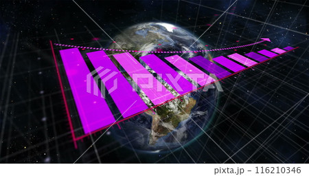 Image of arrow on bar graphs and rotating globe over black background 116210346