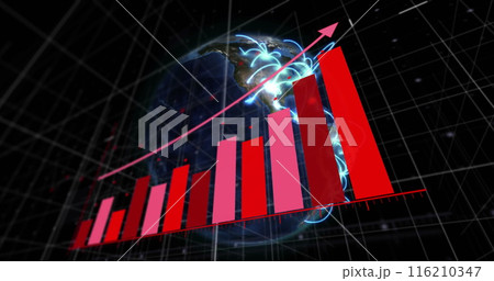 Image of arrow on growing bar graph and globe over black background Image of arrow on growing bar graph and globe over black background 116210347