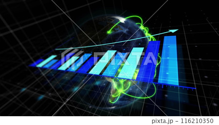 Image of arrow on growing bar graph and lines over rotating globe over black background 116210350