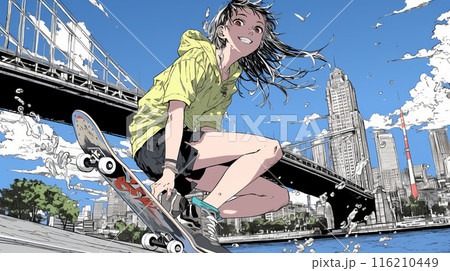 都心の公園でスケートボードを楽しむ若い女性 116210449