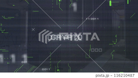 Image of crypto text and binary codes with circuit board pattern over data serve room 116210487