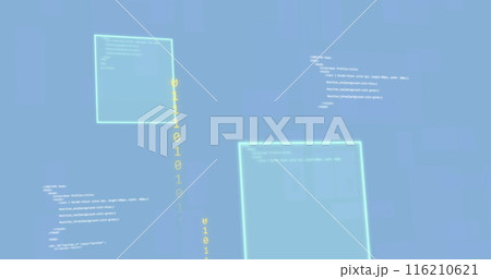Image of programming language with binary codes and screens on blue background 116210621