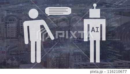 Image of human icon and ai text in robot over computer language against cables 116210677