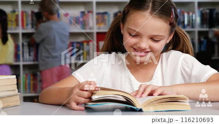 Image of profile icon flowchart over caucasian girl reading book in library in school 116210693
