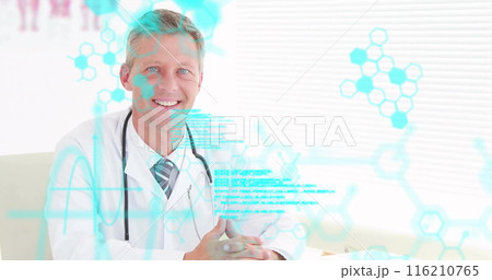 Image of medical data processing over smiling caucasian male doctor at desk Image of medical data processing over smiling caucasian male doctor at desk 116210765