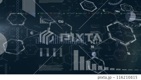 Image of finacial data processing with chemical formula on black background 116210815