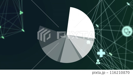 Image of network of connections and pie chart on black background 116210870