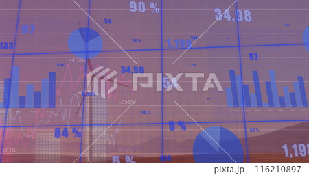Image of financial data processing over wind turbine 116210897