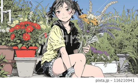 花がたくさん咲いている家にすむ若い女性