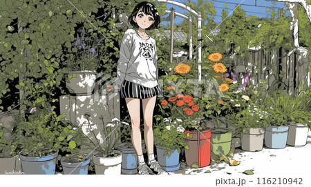 花がたくさん咲いている家にすむ若い女性