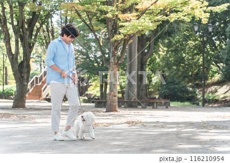 公園で犬の散歩をする中年・ミドルの日本人男性 116210954