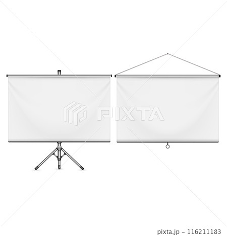 Two white projection screens, one on a tripod stand and one hanging. Vector Two white projection screens, one on a tripod stand and one hanging. Vector 116211183