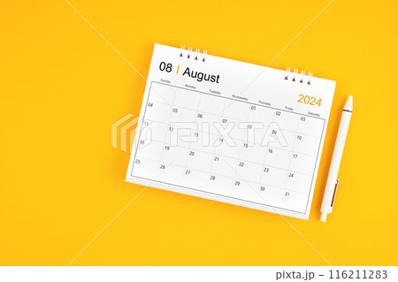 August 2024, Monthly desk calendar for 2024 year and pen on yellow background. August 2024, Monthly desk calendar for 2024 year and pen on yellow background. 116211283