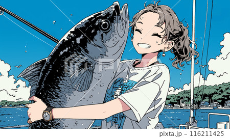 海釣りで大物を釣り上げた若い女性 116211425