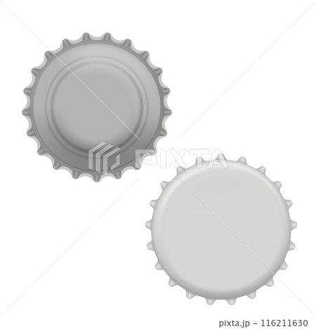 Two gray bottle caps viewed from above, showcasing a metallic finish. Vector Two gray bottle caps viewed from above, showcasing a metallic finish. Vector 116211630