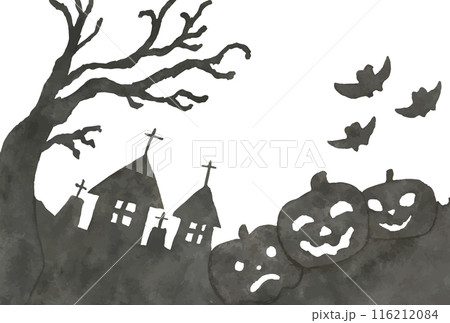 ハロウィンの黒い水彩タッチの背景のベクターイラスト 116212084