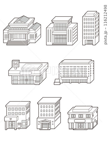 様々な建物の立体ベクターイラスト. 線画. 様々な建物の立体ベクターイラスト. 線画. 116212498