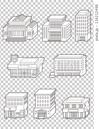 様々な建物の立体ベクターイラスト. 線画. 様々な建物の立体ベクターイラスト. 線画. 116212498