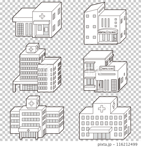 病院の立体ベクターイラスト. 線画. 116212499