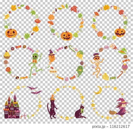 10月 ハロウィーン イラスト素材 丸フレームセット 10月 ハロウィーン イラスト素材 丸フレームセット 116212617