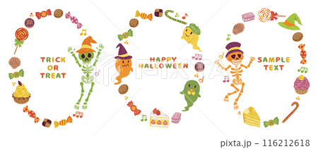 10月　ハロウィーン　お菓子　ガイコツ　お化け　イラスト素材　丸フレームセット 116212618