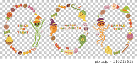 10月　ハロウィーン　お菓子　ガイコツ　お化け　イラスト素材　丸フレームセット 116212618
