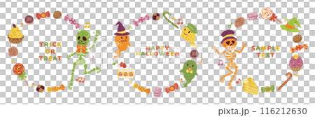 October Halloween candy skeleton ghost illustration round frame set 116212630