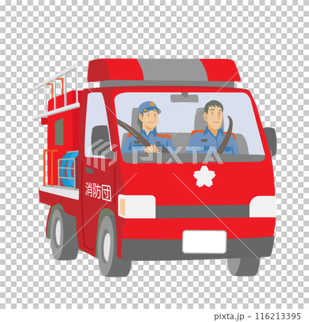 Illustration of firefighters riding on a fire engine Illustration of firefighters riding on a fire engine 116213395