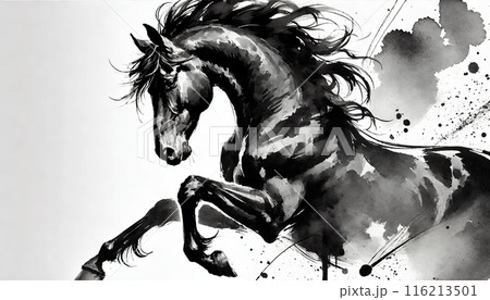 抽象画 馬のデザイン モノクロ 抽象的な飼育馬の絵 | Premiumベクトル素材