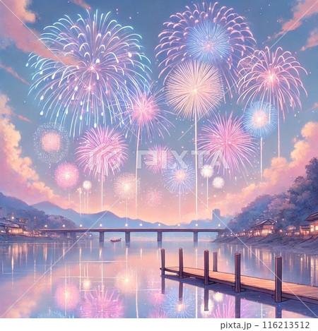 水面に映る花火のイラスト素材 [116213512] - PIXTA