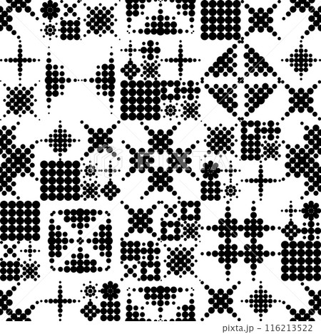 Abstract monochrome background. Geometric shapes made of dots and circles. Black and white geometric seamless pattern creating a mesmerizing visual effect. Wrapping paper or textile print fabric 116213522