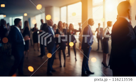 Corporate event in spacious venue, business people mingling at conference, defocused group indoors. Business Figures Enjoying Festive Event, Corporate Achievement Party Atmosphere 116213556