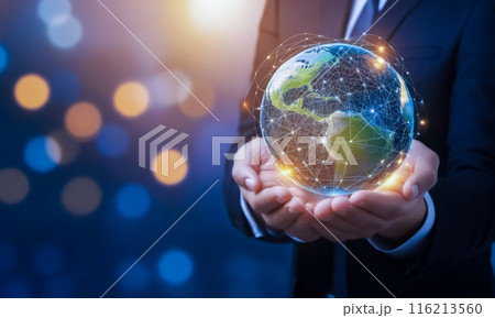 Corporate executive in suit presents enhanced virtual globe, signifying global market strategy and worldwide networking in business world Corporate executive in suit presents enhanced virtual globe, signifying global market strategy and worldwide networking in business world 116213560