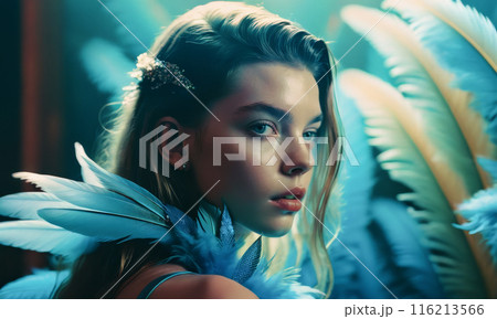 Young woman in Blue Feather Costume, Focus on Feathers, Head Accessory Detail, Carnival Attire. Stylish young woman seen from back 116213566